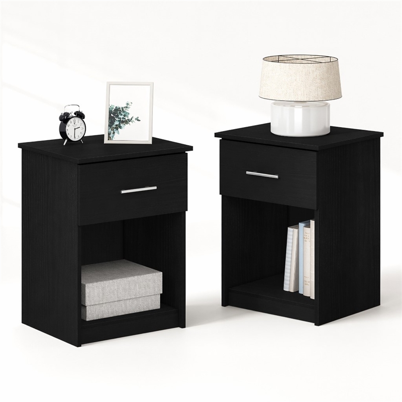 Pemberly Row Set of 2 Nightstand with Drawer and Open Shelf in Dark Americano