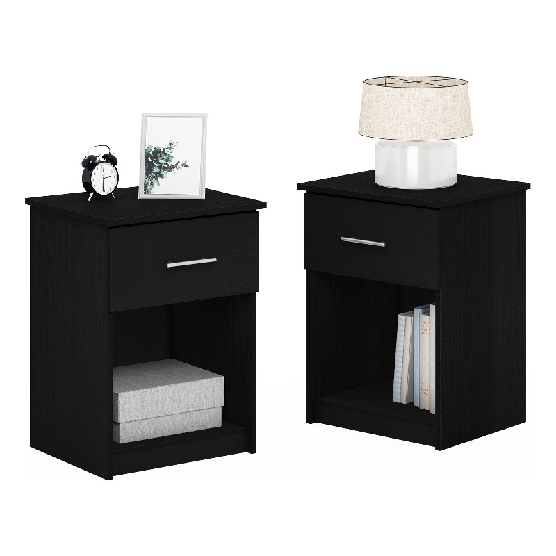 Pemberly Row Set of 2 Nightstand with Drawer and Open Shelf in Dark Americano