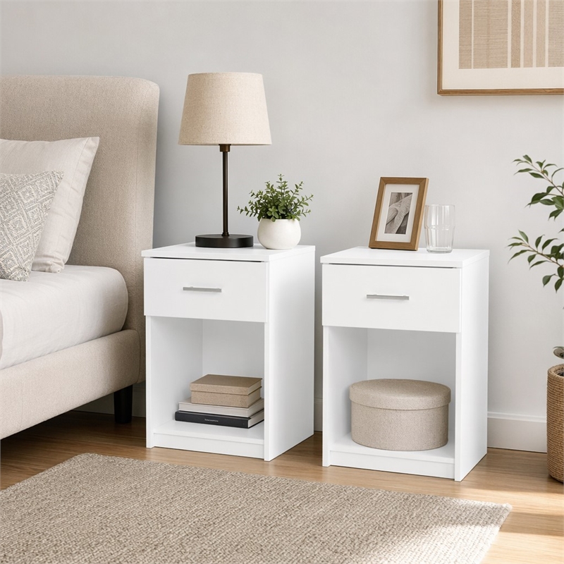 Pemberly Row Nightstand Set of 2 with Handle and Drawer in Solid White
