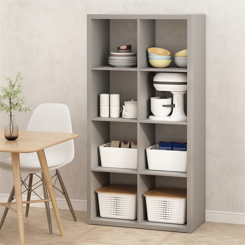 Pemberly Row 8 Cube Kitchen Island with Storage Bakers Rack in Pale Grey
