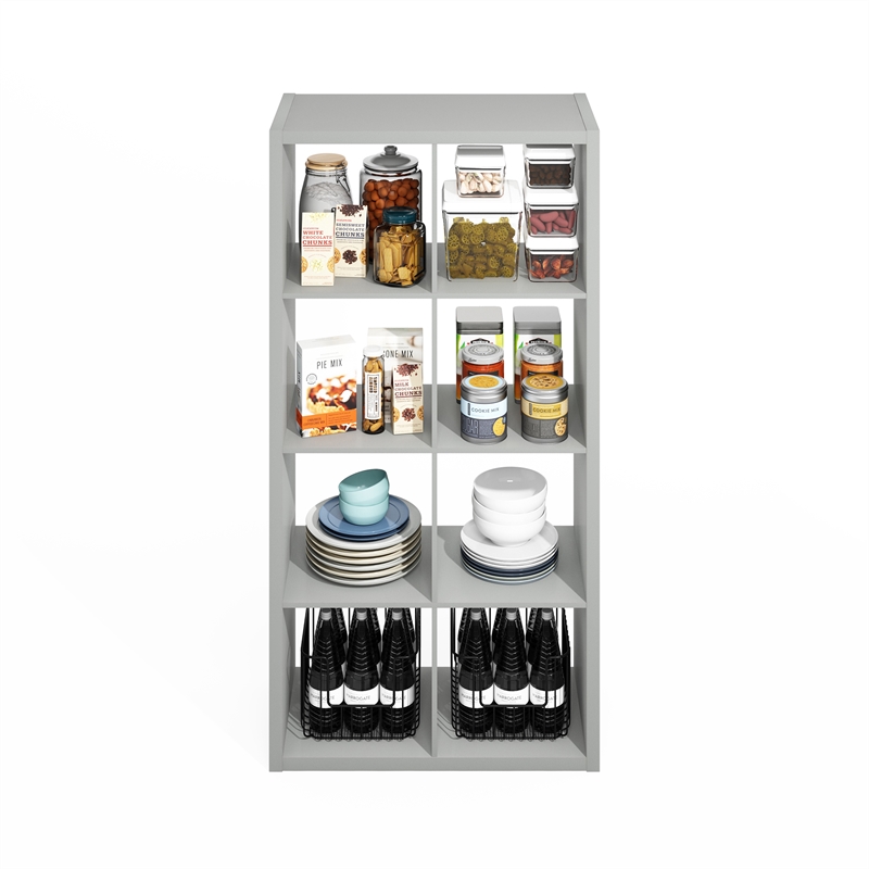 Pemberly Row 8 Cube Kitchen Island with Storage Bakers Rack in Pale Grey