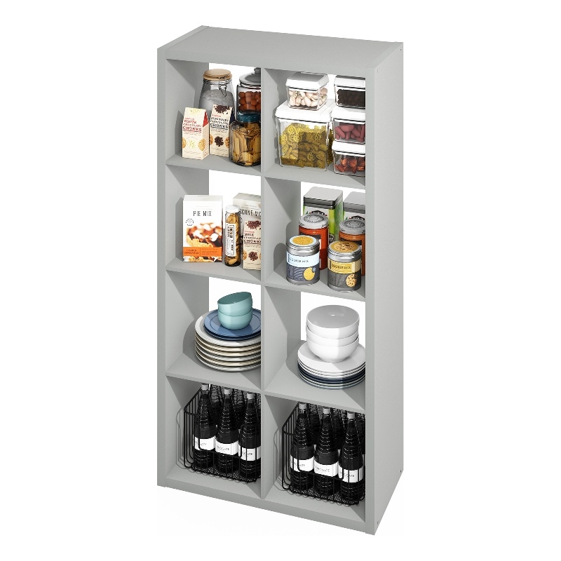 Pemberly Row 8 Cube Kitchen Island with Storage Bakers Rack in Pale Grey