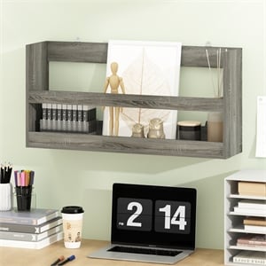 Pemberly Row Wall Mounted Floating Shelves with Guard Rails in Grey Oak