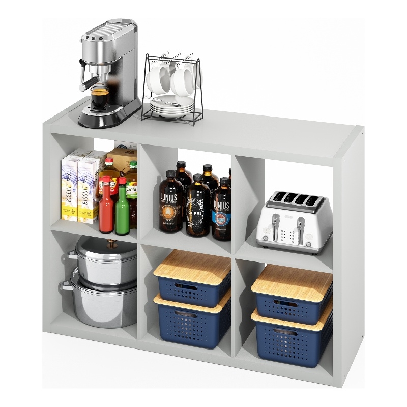 Pemberly Row 6 Cube Kitchen Storage Bakers Rack Island in Pale Grey
