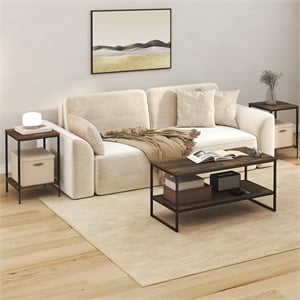 Pemberly Row Set of 3 Metal Frame 2-Tier Coffee Table in Amber Pine