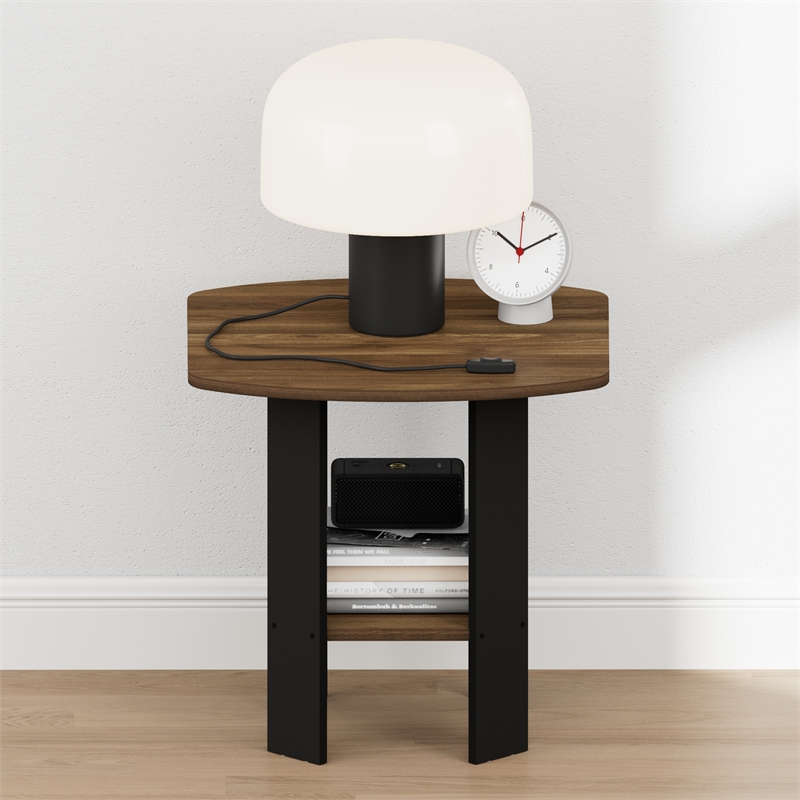 Pemberly Row 2 Tier Round Corner Nightstand with Storage Shelf in Walnut