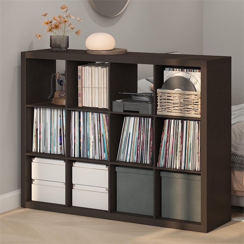 Pemberly Row Extra Thick Frame 12 Cube Media Storage Organizer in Dark Oak