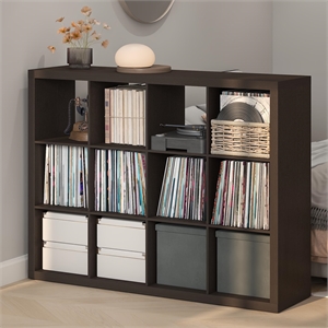 Pemberly Row Extra Thick Frame 12 Cube Media Storage Organizer in Dark Oak