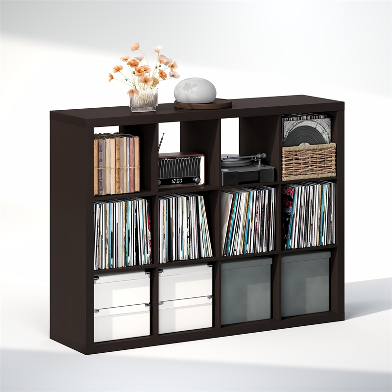 Pemberly Row Extra Thick Frame 12 Cube Media Storage Organizer in Dark Oak