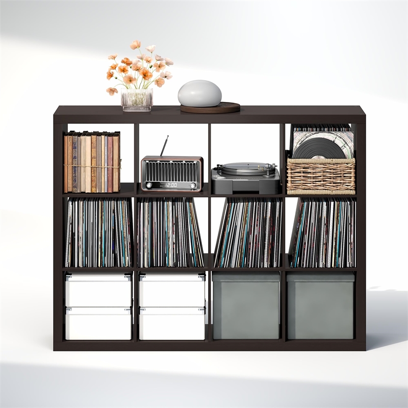 Pemberly Row Extra Thick Frame 12 Cube Media Storage Organizer in Dark Oak