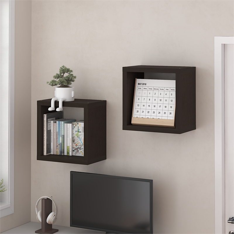 Pemberly Row Extra Thick Cube Wall Mounted Floating Shelf in Black Dark Oak