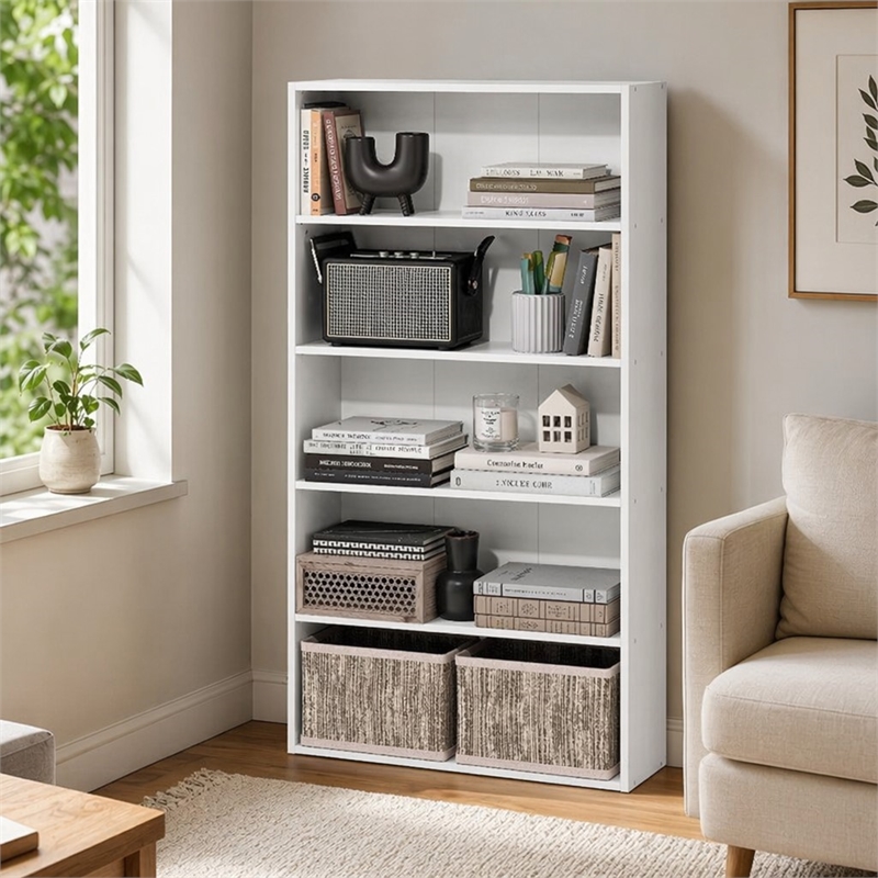 Pemberly Row 5 Tier Wide Open Shelf Bookcase for Books and Decor in White