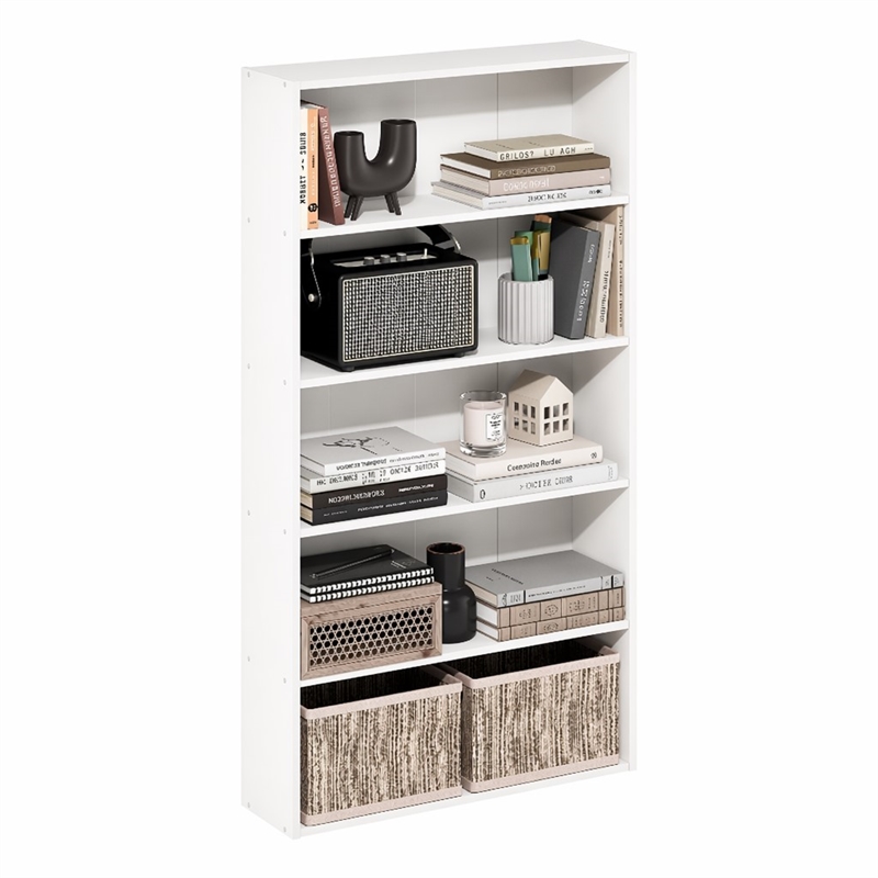 Pemberly Row 5 Tier Wide Open Shelf Bookcase for Books and Decor in White