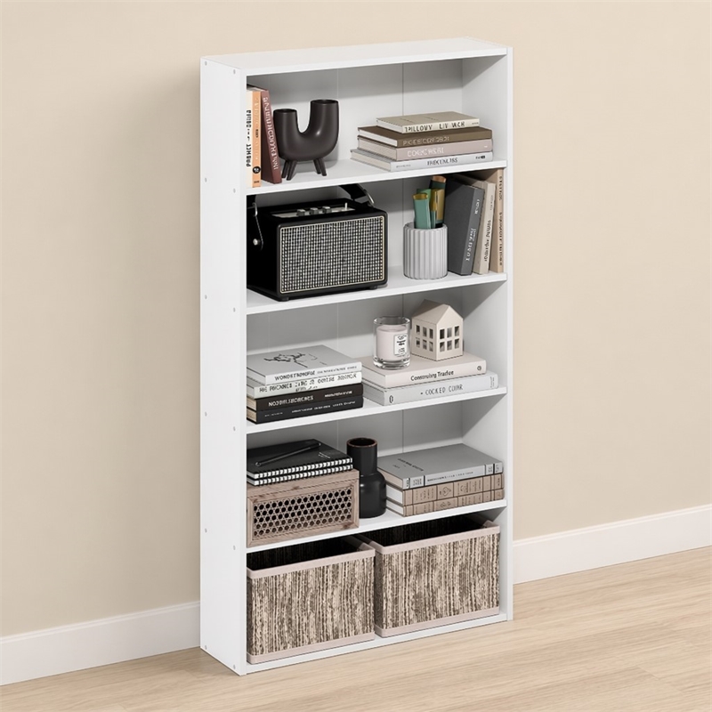 Pemberly Row 5 Tier Wide Open Shelf Bookcase for Books and Decor in White
