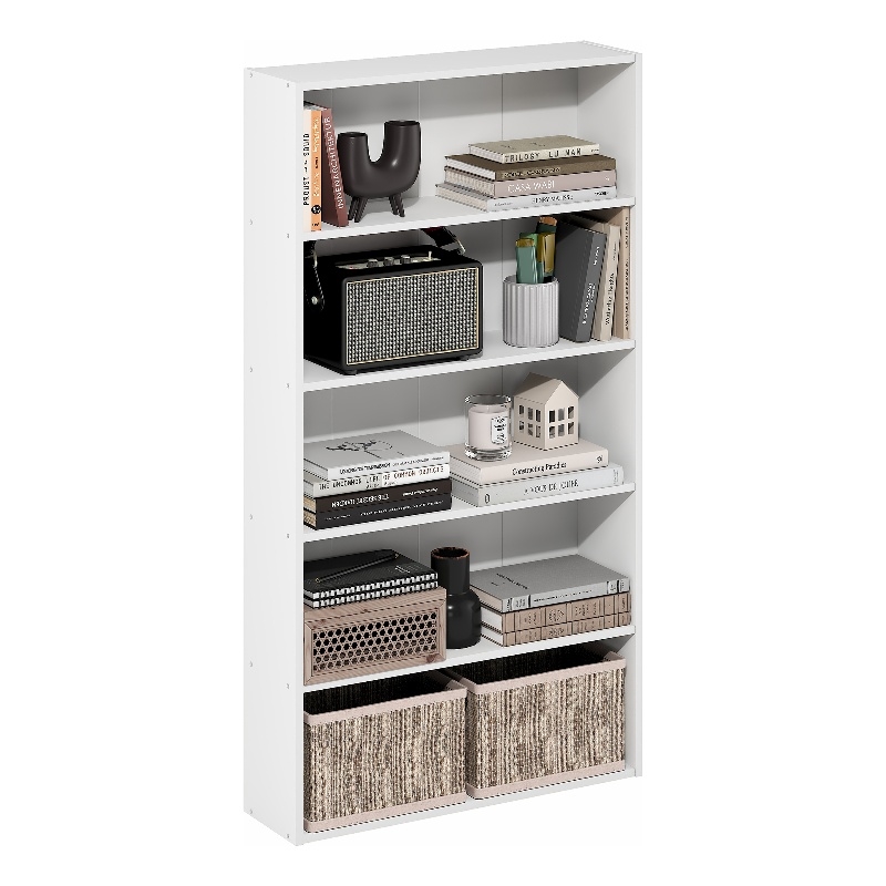 Pemberly Row 5 Tier Wide Open Shelf Bookcase for Books and Decor in White