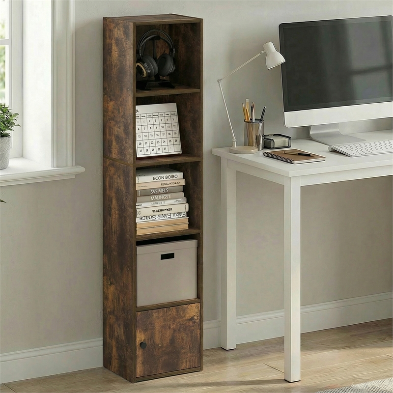 Pemberly Row 5 Tier Bookcase with Door Cabinet and Closed Back in Amber Pine