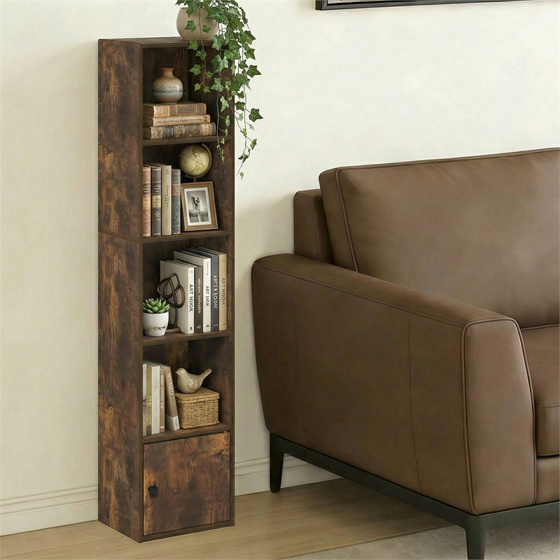 Pemberly Row 5 Tier Bookcase with Door Cabinet and Closed Back in Amber Pine