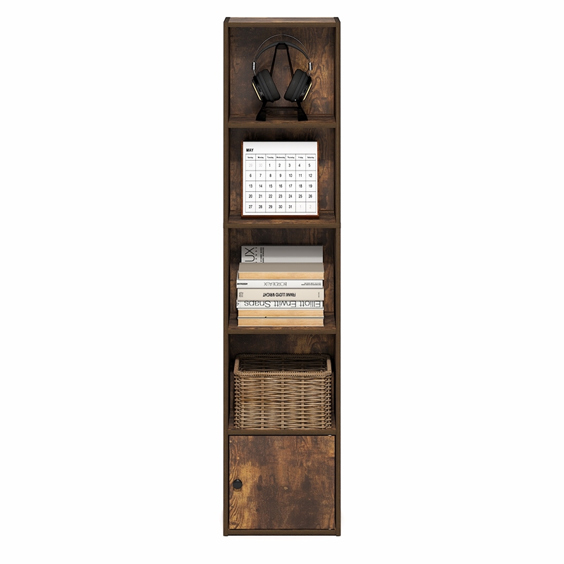 Pemberly Row 5 Tier Bookcase with Door Cabinet and Closed Back in Amber Pine