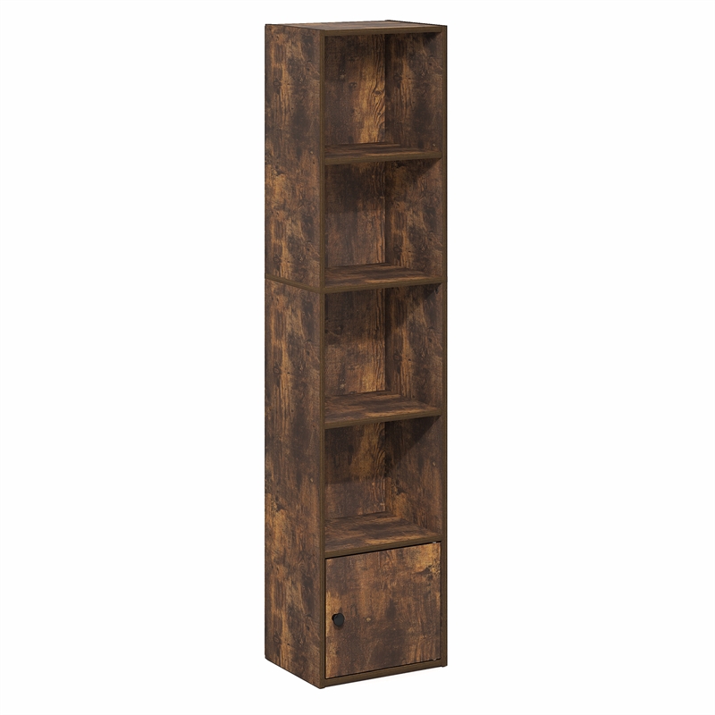 Pemberly Row 5 Tier Bookcase with Door Cabinet and Closed Back in Amber Pine