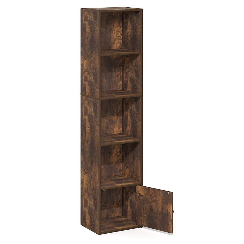 Pemberly Row 5 Tier Bookcase with Door Cabinet and Closed Back in Amber Pine