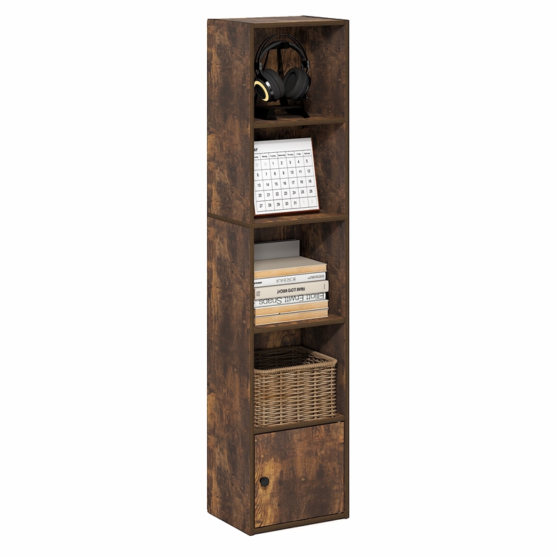 Pemberly Row 5 Tier Bookcase with Door Cabinet and Closed Back in Amber Pine