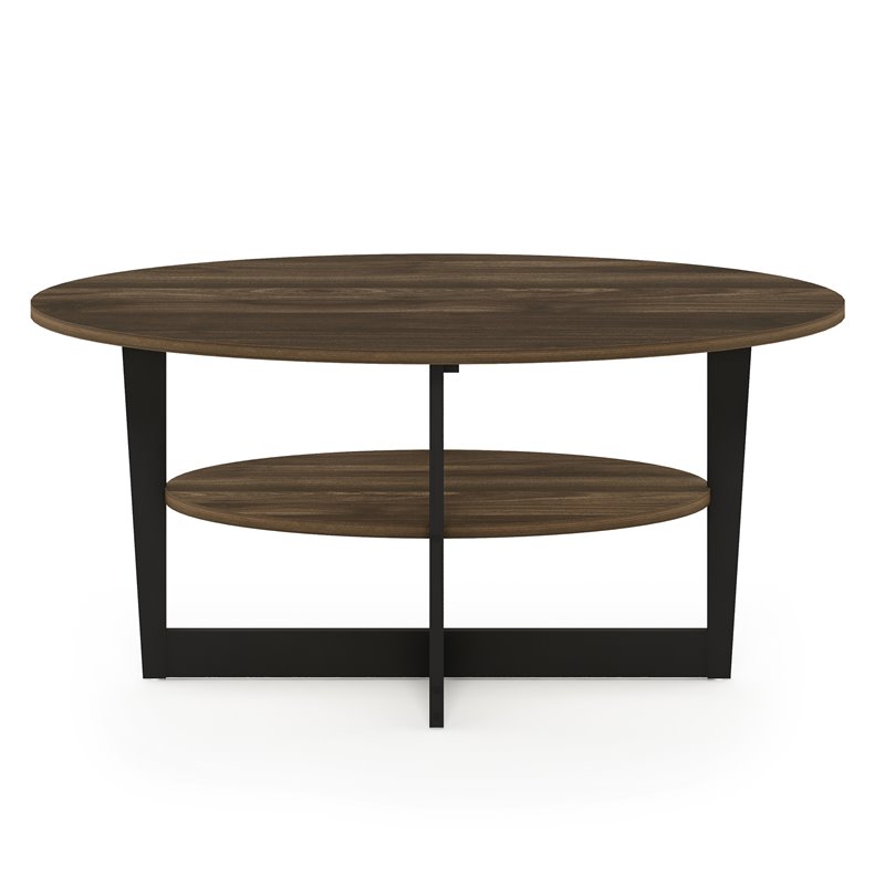 Pemberly Row Oval Coffee Table with Built-In Display Shelf in Walnut and Black