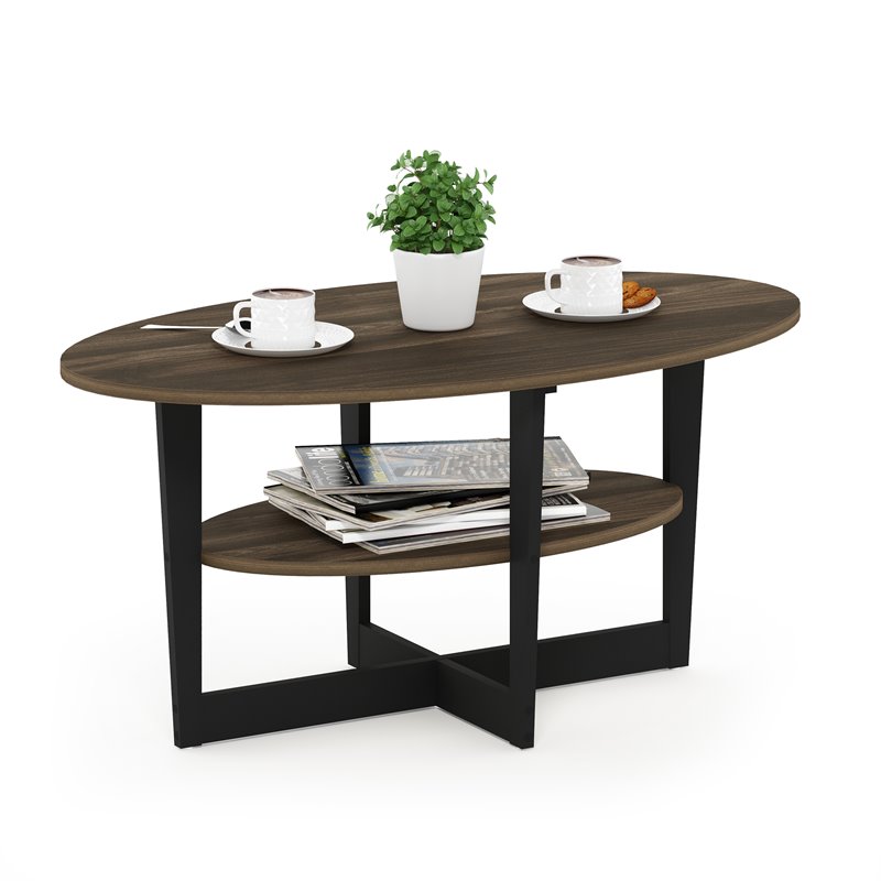 Pemberly Row Oval Coffee Table with Built-In Display Shelf in Walnut and Black