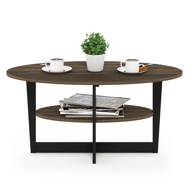 Pemberly Row Oval Coffee Table with Built-In Display Shelf in Walnut and Black