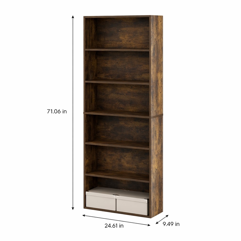 Pemberly Row Set of 2 Six Tier Bookshelf with Open Shelves in Amber Pine