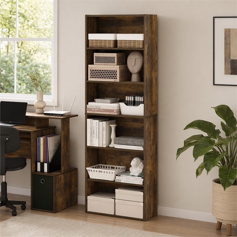 Pemberly Row Set of 2 Six Tier Bookshelf with Open Shelves in Amber Pine