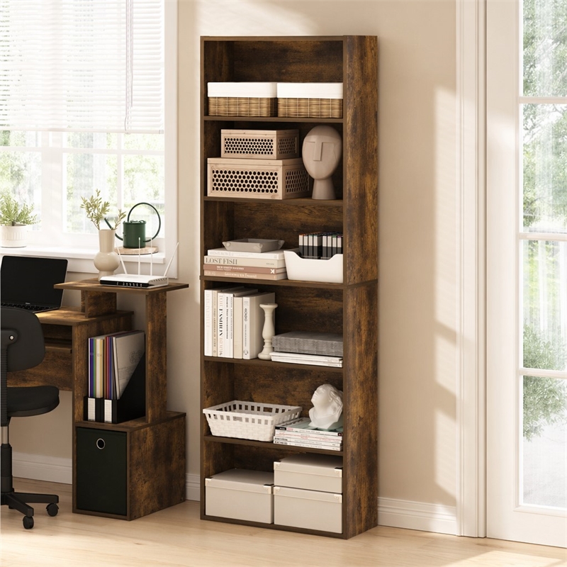 Pemberly Row Set of 2 Six Tier Bookshelf with Open Shelves in Amber Pine