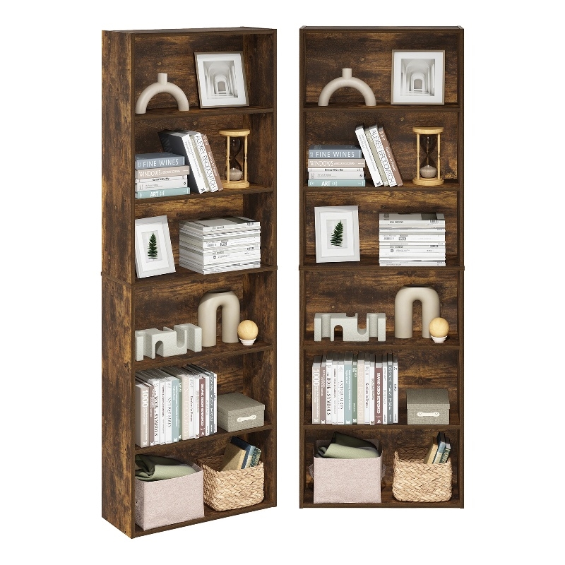Pemberly Row Set of 2 Six Tier Bookshelf with Open Shelves in Amber Pine