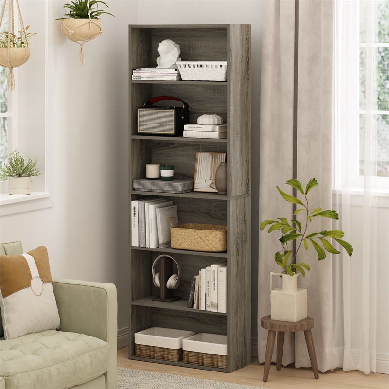Pemberly Row Set of 2 Six Tier Bookshelf with Open Shelves in French Oak