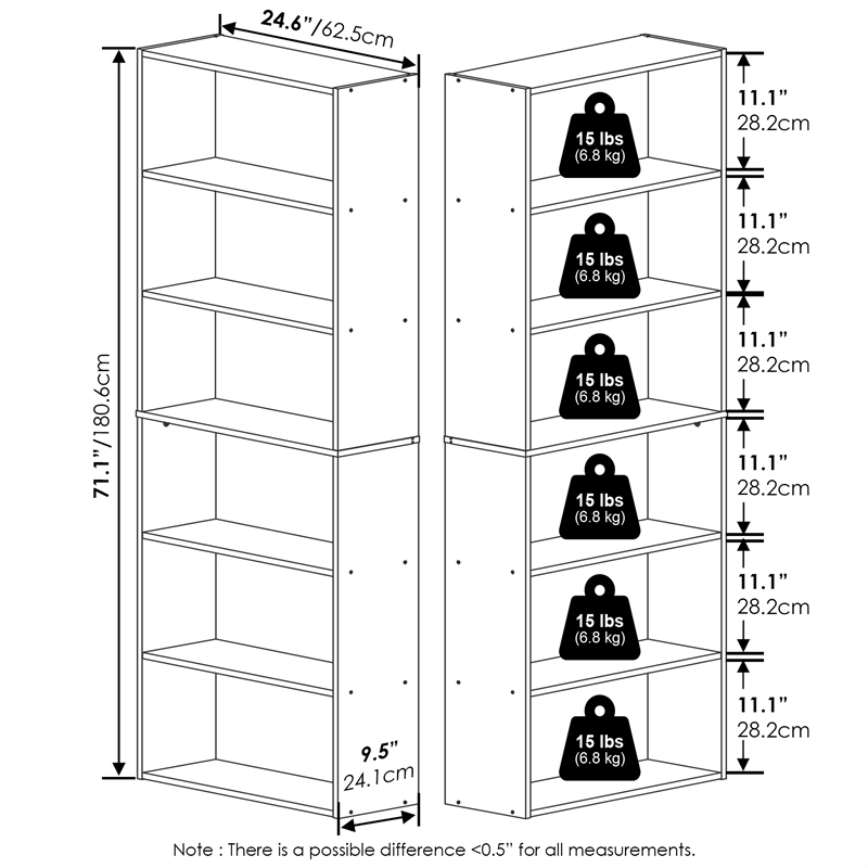 Pemberly Row Set of 2 Six Tier Bookshelf with Open Shelves in French Oak