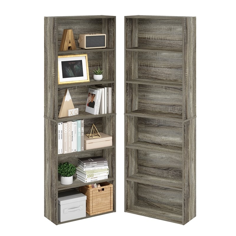 Pemberly Row Set of 2 Six Tier Bookshelf with Open Shelves in French Oak