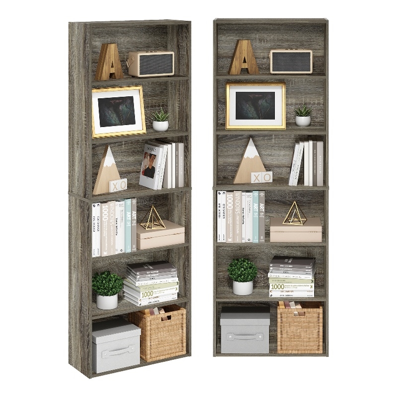 Pemberly Row Set of 2 Six Tier Bookshelf with Open Shelves in French Oak