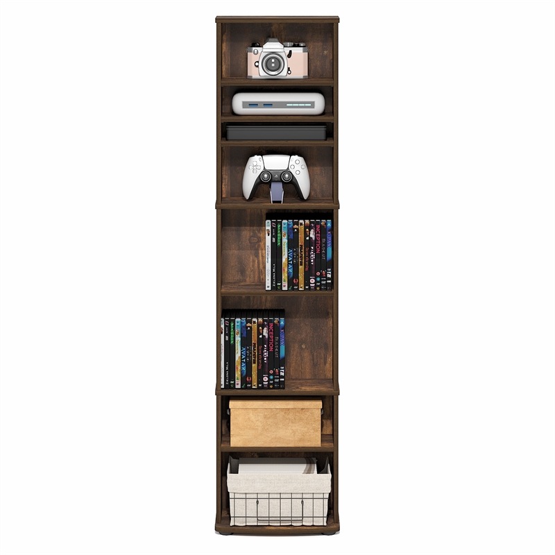 Pemberly Row 8 Tier Narrow Adjustable Media Shelf Storage Tower in Amber Pine