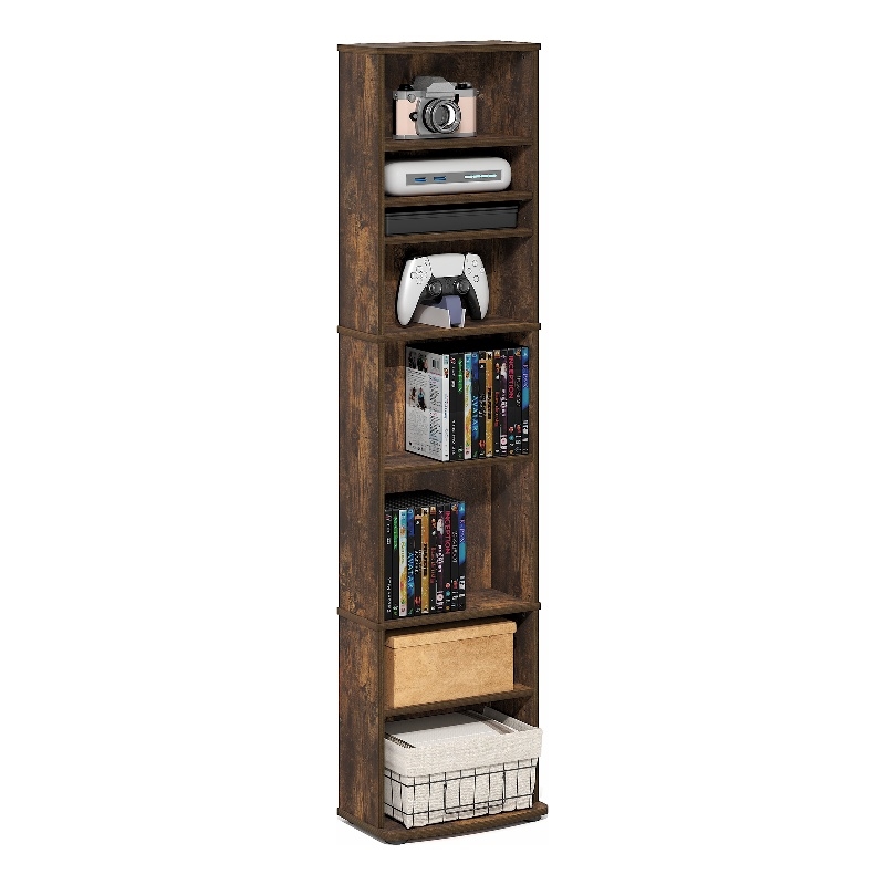 Pemberly Row 8 Tier Narrow Adjustable Media Shelf Storage Tower in Amber Pine