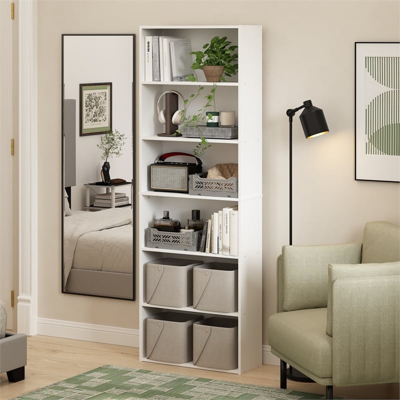 Pemberly Row Set of 2 Six Tier Bookshelf with Open Shelves in White Finish