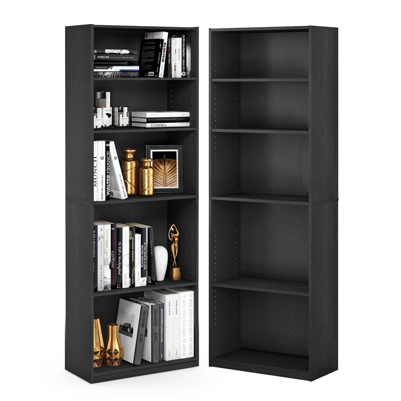 Pemberly Row Set of 2 Five Tier Bookshelf with Adjustable Shelf in Black
