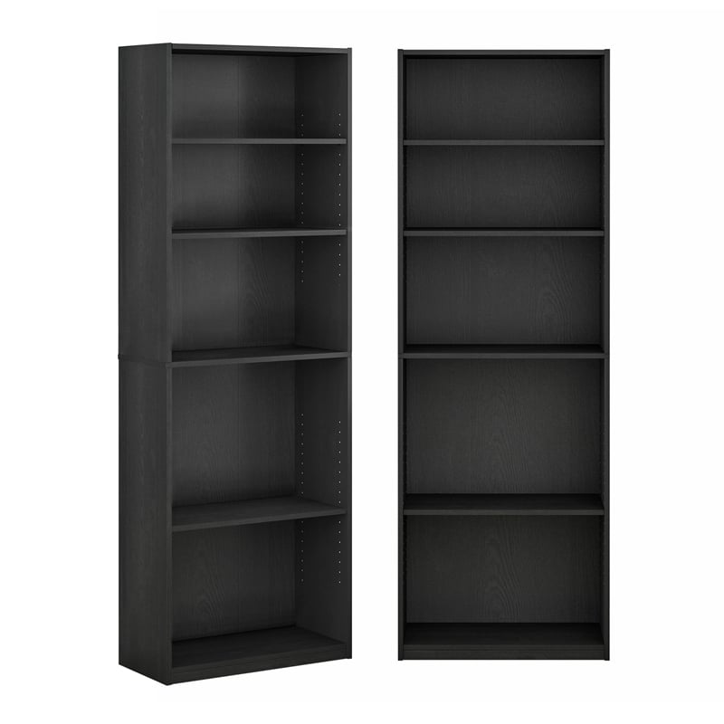 Pemberly Row Set of 2 Five Tier Bookshelf with Adjustable Shelf in Black