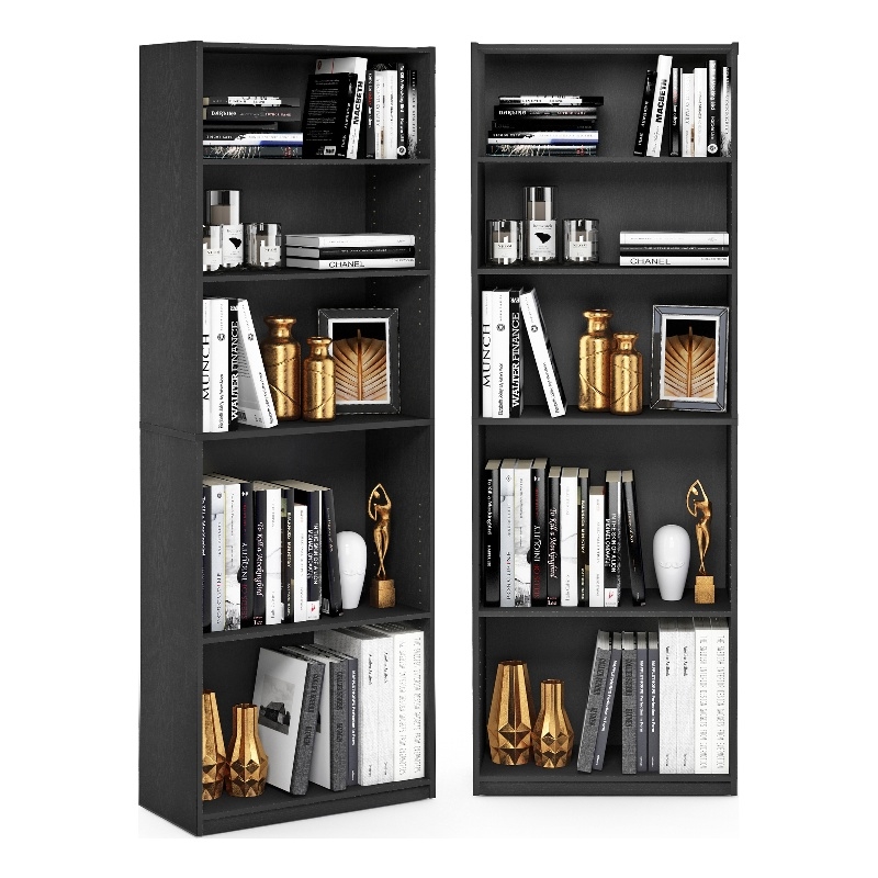 Pemberly Row Set of 2 Five Tier Bookshelf with Adjustable Shelf in Black