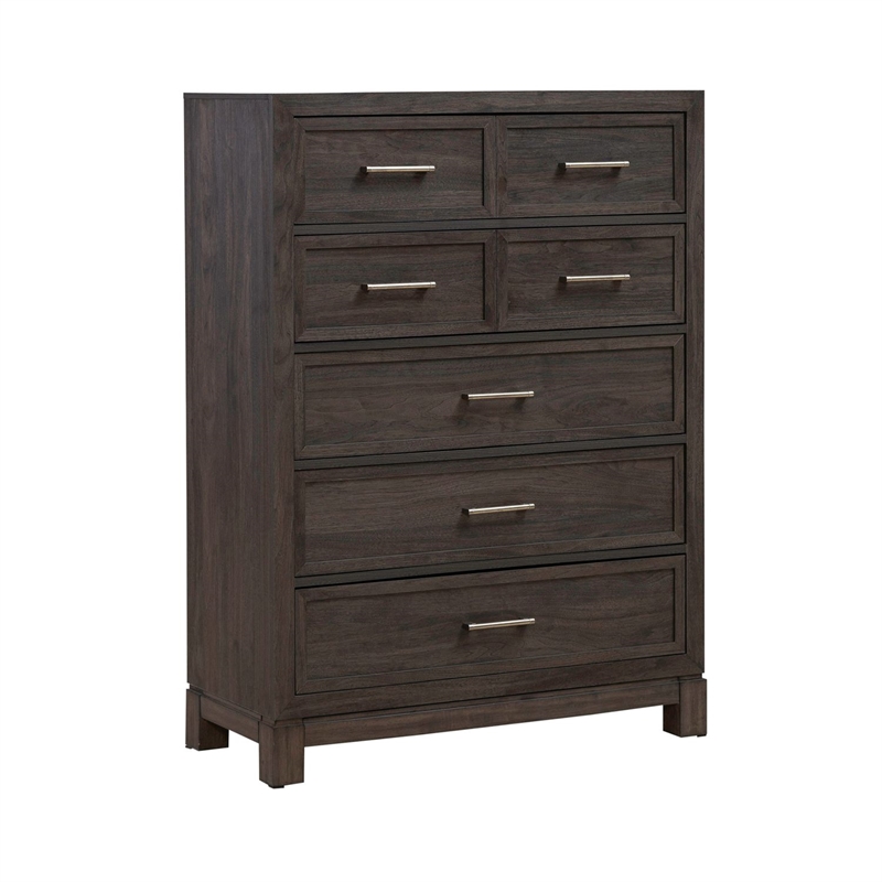 Pemberly Row 5 Drawer Chest with Wood Framed Drawers in Brown