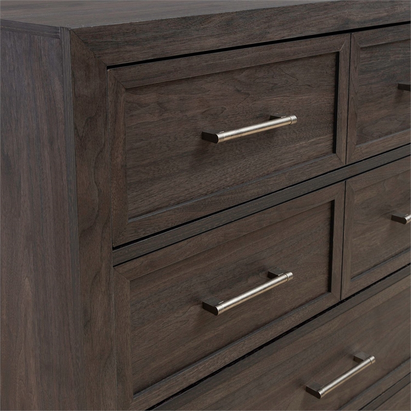 Pemberly Row 5 Drawer Chest with Wood Framed Drawers in Brown