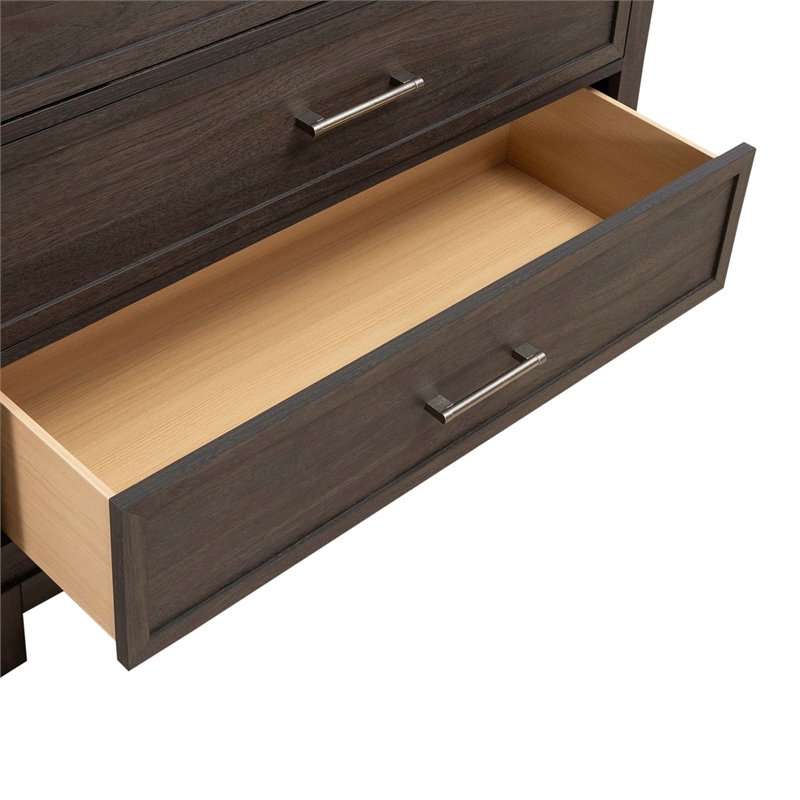 Pemberly Row 5 Drawer Chest with Wood Framed Drawers in Brown