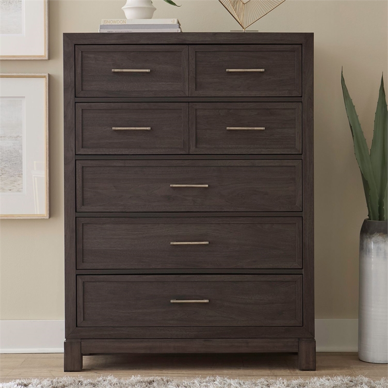 Pemberly Row 5 Drawer Chest with Wood Framed Drawers in Brown