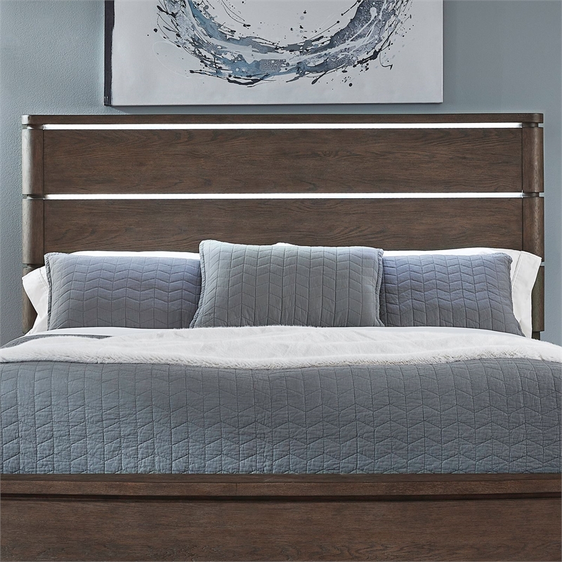 Pemberly Row Queen Panel Bed with Dresser Mirror Chest and Nightstand in Brown