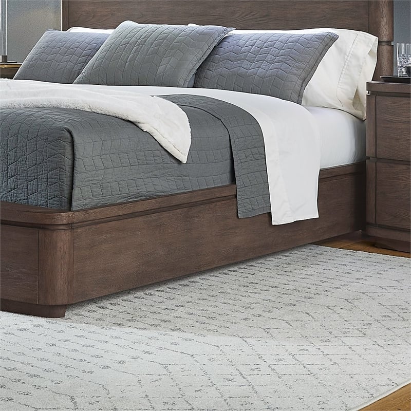 Pemberly Row Queen Panel Bed with Dresser Mirror Chest and Nightstand in Brown