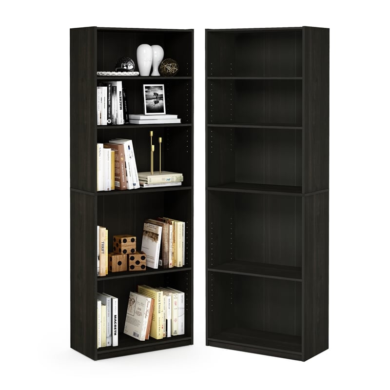 Pemberly Row Set of 2 Five Tier Bookshelf with Adjustable Shelf in Espresso