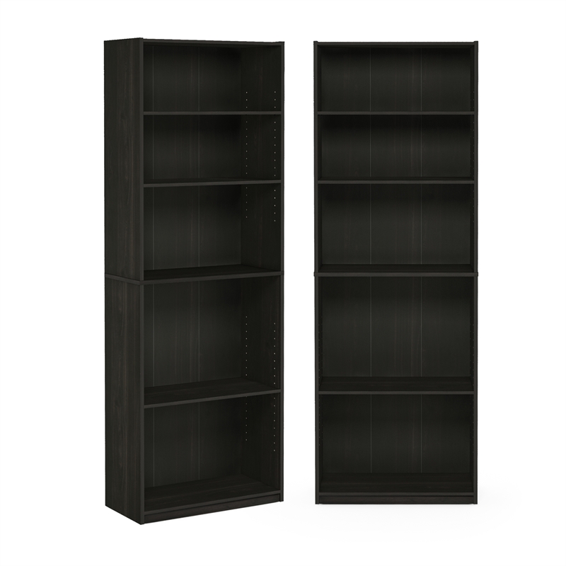 Pemberly Row Set of 2 Five Tier Bookshelf with Adjustable Shelf in Espresso